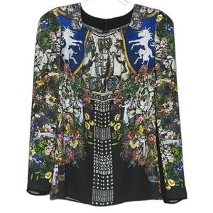 CLOVER CANYON UNICORN & FLORAL PRINT LONG SLEEVE BLOUSE SLIGHTLY SHEER SZ S